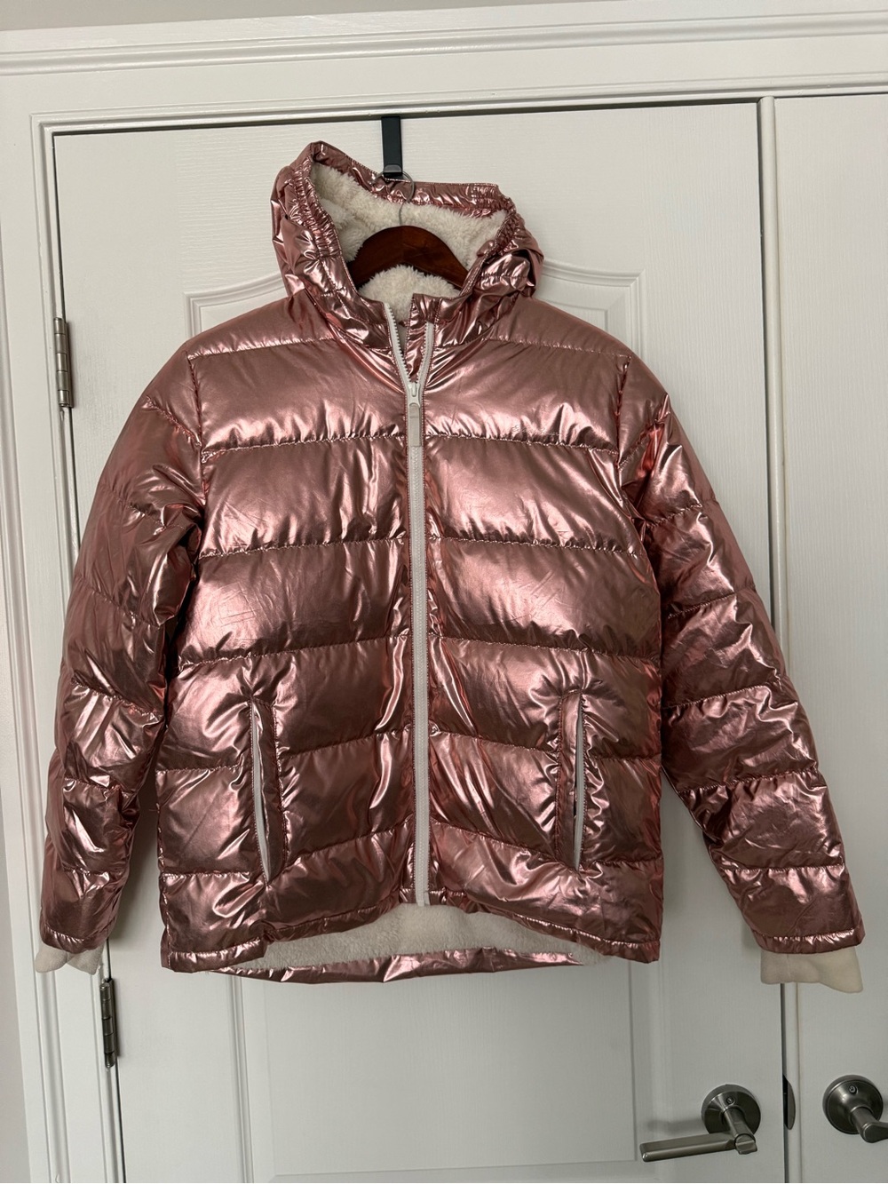 Eddie Bauer Kids Metallic Rose Pink Puffer Jacket with Hood Size: 16/XL